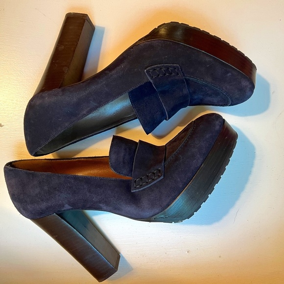 Marni Shoes - Marni Navy Blue Suede Heeled Platform Loafers 39